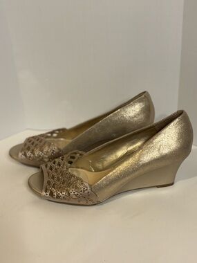 Alex Marie Metallic Gold Open-Toe Wedge Pumps